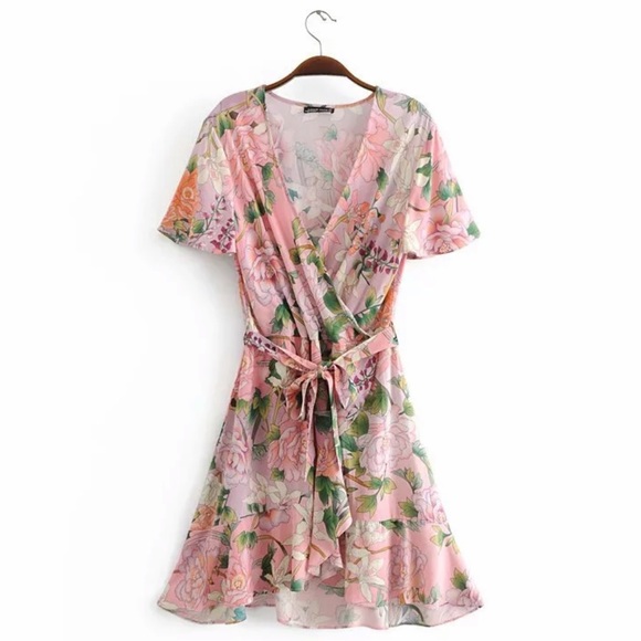 Lily Pink Floral Wrap Boho Mini Playdress - Picture 6 of 8